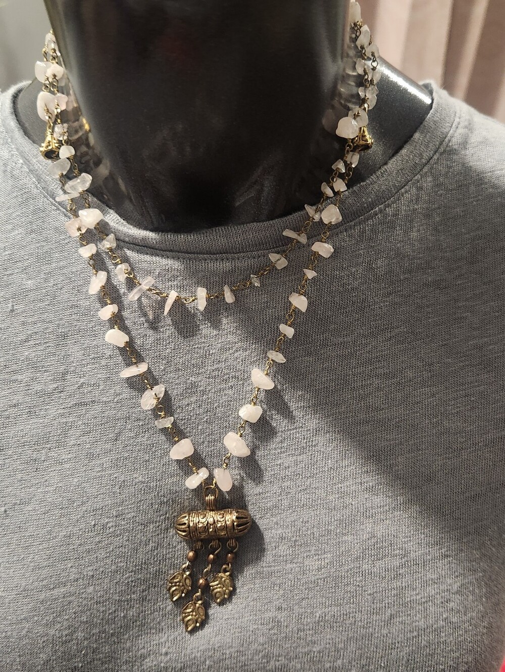 Rose Quartz Beaded Layered Necklace with Brass Pendant - Women Jewelry